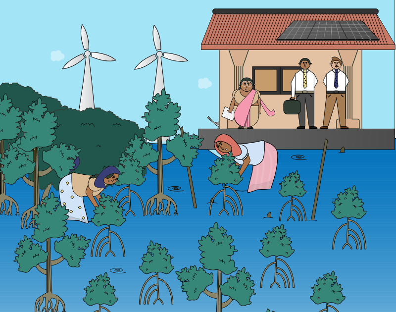 Illustration of women planting mangroves, with wind turbines in the background